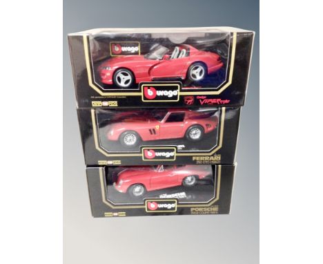 Three boxed Burago die cast vehicles 1/18 scale - Dodge Viper, Ferrari 250 GTO and Porsche 56B coupe 