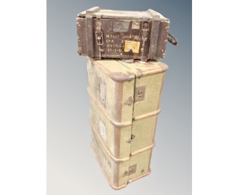 A vintage canvas bound shipping trunk together with a painted pine crate 