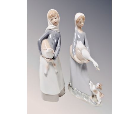 A Lladro figure of a lady carrying a goose, together with three further Lladro figures (4)