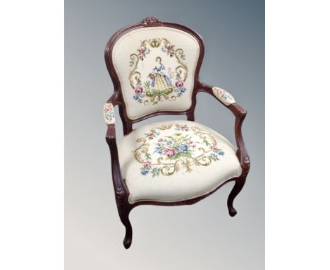 A French style open armchair with tapestry seat 