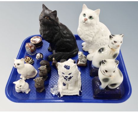 A tray of ceramic cat ornaments, pair of metal owl sifters, porcelain pill box 