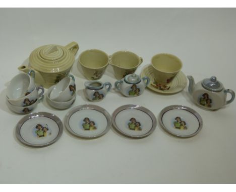 Mid 20th century toy tea set with a print of the Princesses Elizabeth and Margaret, comprising tea pot, sucrier, milk jug and