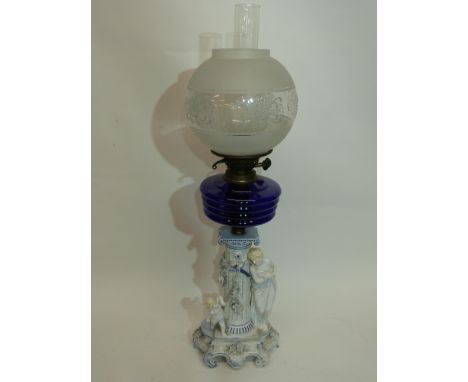 Oil lamp with blue glass reservoir below a white glass floral shade, supported by a porcelain column flanked by a lady and ch