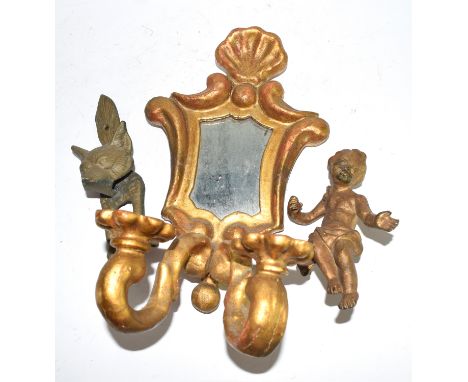 Brass door knocker, modelled as a fox's head, together with a small gilt mirror and candelabra, and a bronzed metal cherub (3