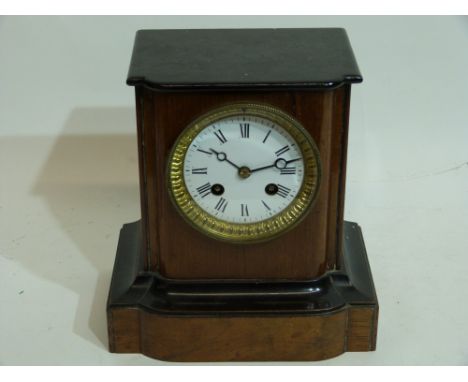 19th Century mantle clock walnut &amp; ebonised case, enamel dial 10" tall