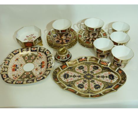 Group of Royal Crown Derby wares in Kings pattern comprising cups and saucers, small dish on gilded scroll feet, shaped dish,