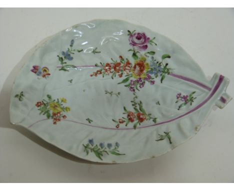 18th century Worcester porcelain cabbage leaf dish decorated in Chelsea style with flowers and insects, 26cm long