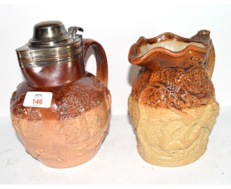 Doulton &amp; Watts jug, two-tone with a hunting scene and branch handle.  Note: See Desmond Eyles Doulton Wares for an examp