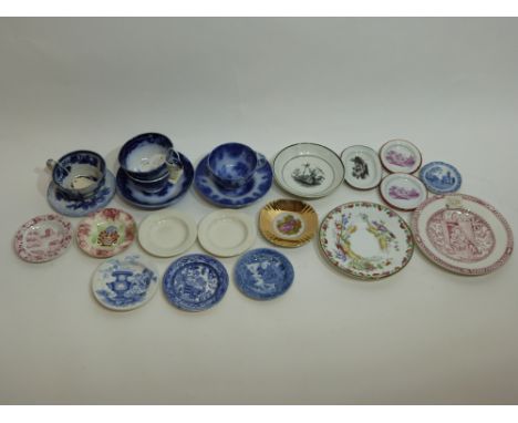 Miniature Victorian pottery tea wares including a rare saucer with a bird in a ring design after Meissen and Worcester (qty)