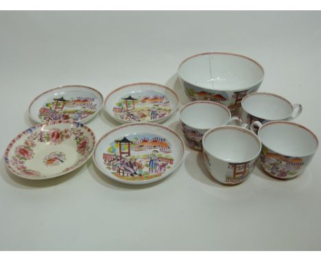 Group of late 18th century English porcelain wares decorated with Chinese figures, possibly Machin, comprising four cups and 