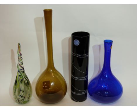 Four Art glass wares, one bearing a label for Studio Glass Sweden, and a blue glass baluster vase bearing label for Orrefors 