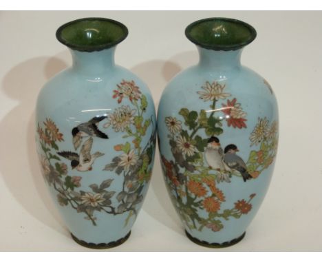 Pair of Japanese cloisonne vases, Meiji period, the light blue ground decorated with foliage and birds, (2) (repair to one)
