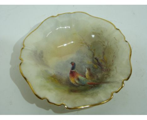 Small Royal Worcester pin dish decorated with pheasants by James Stinton, 9cm diam, Worcester puce mark to base