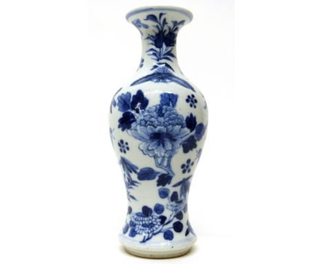 Small Chinese porcelain vase of baluster shape, decorated in blue and white with birds and flowers, Kangxi mark to base but 1