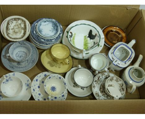 Victorian miniature child's china, various cups and saucers including a canary yellow with Adam Buck type prints, further cup