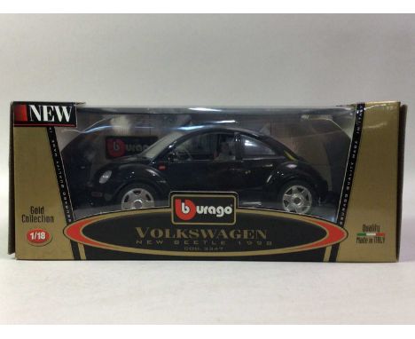 BURAGO, THREE 1:18 SCALE MODELS VW New Beetle 1998, Mercedes-Benz 300SL (1954) and Chevrolet Corvette (1957), boxed