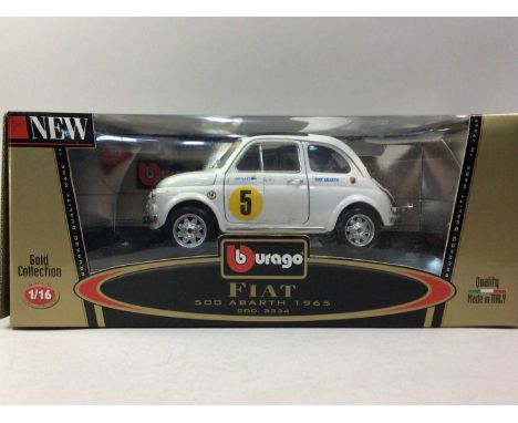 BURAGO, THREE 1:18 SCALE MODELS Fiat 500 Abarth 1965, Maserati 3200 GT 1998 and Porsche 365B Cabriolet (1961), boxed