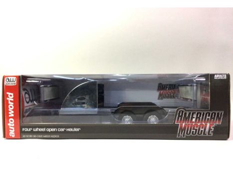 FOUR MODELS, 1:18 SCALE American Muscle Four Wheel Open Car Hauler, Motor Max 1967 Chevelle, Road Signature 1970 Dodge Corone