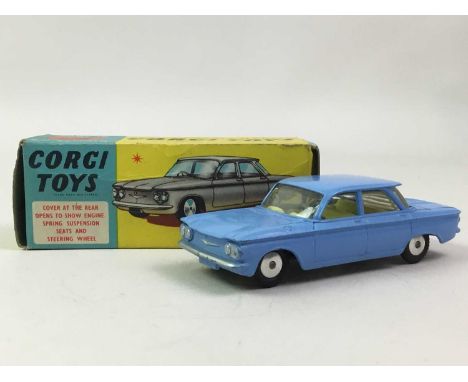 CORGI TOYS, NO. 229, CHEVROLET CORVAIR blue with yellow interior, boxed