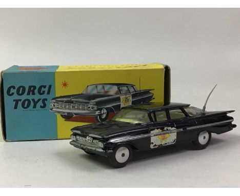 CORGI TOYS, NO. 223, CHEVROLET "STATE PATROL" black with yellow interior and ariel, partially extant original decals, boxed