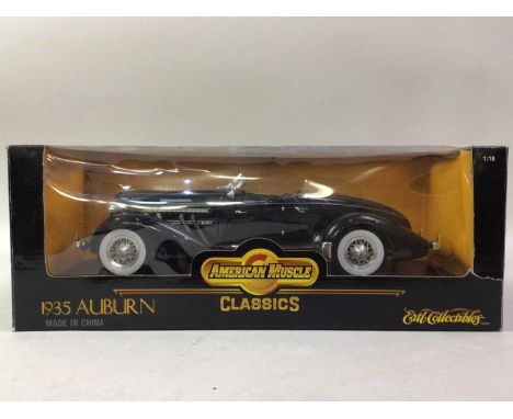 ERTL AMERICAN MUSCLE, THREE 1:18 SCALE MODELS 1935 Auburn 851, 1961 Corvette and Four Wheel Enclosed Trailer, boxed