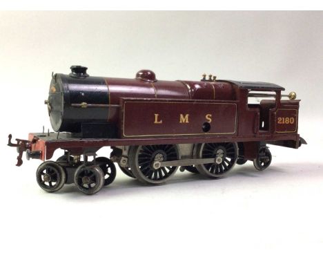 MODEL RAILWAY, HORNBY O-GAUGE TIN-PLATE LOCOMOTIVE LMS No. 2180 in burgundy livery, with Snow Plough wagon, LMS wagon and sma