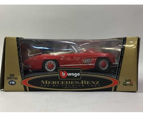 BURAGO, THREE 1:18 SCALE MODELS Mercedes-Benz 300SL Touring 1957, Bugatti Type 59 (1934) and Jaguar 'E' Coupe 1961, boxed