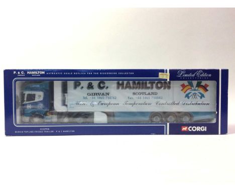 CORGI & TEKNO, CC12906 AND ANOTHER Scania Topline Fridge Trailer - P &amp; C Hamilton and Nr. 94 Maguires, boxed