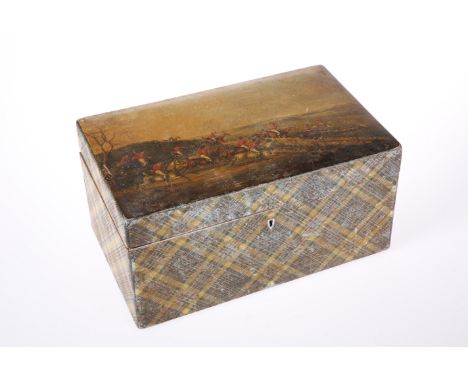 AN UNUSUAL TARTANWARE TEA CADDY, SECOND QUARTER 19TH CENTURY,&nbsp;the hinged cover printed with a hunting scene, lacking int