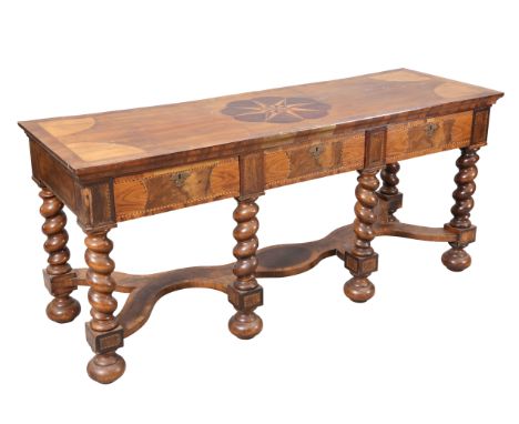 A DUTCH INLAID WALNUT CONSOLE TABLE, the rectangular top centred by an inlaid eight-point star above three frieze drawers, ra