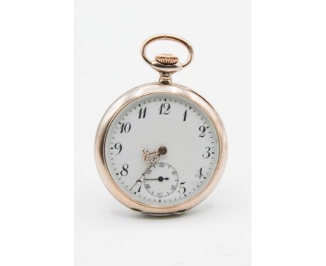AN 0.800 GRADE SILVER OPEN FACED POCKET WATCH. Circular white dial with arabic index, sub seconds dial at 6 0'clock position 