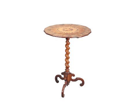 A VICTORIAN INLAID WALNUT TRIPOD TABLE, the faceted top inlaid to the centre with foliage, raised on a barleytwist stem conti