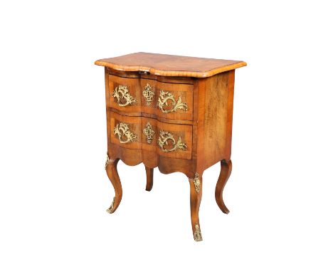 A CONTINENTAL WALNUT COMMODE, the half-veneered and banded moulded top above a pair of drawers, fitted with acanthus cast han