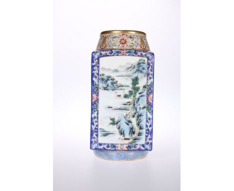 A CHINESE PORCELAIN "CONG" VASE, of characteristic shape, the body painted with four landscape panels within floral scroll bo