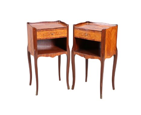 A PAIR OF CONTINENTAL FLORAL MARQUETRY OCCASIONAL TABLES,&nbsp;each with gallery top above a drawer above a shelf, raised on 