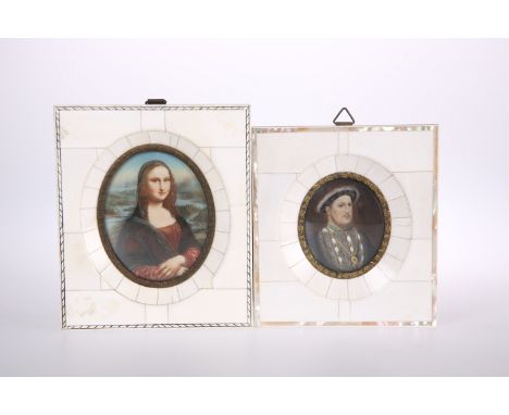 TWO EARLY 20TH CENTURY PORTRAIT MINIATURES, of Mona Lisa and King Henry VIII, in ivory piano key frames. (2) Mona Lisa 14cm b