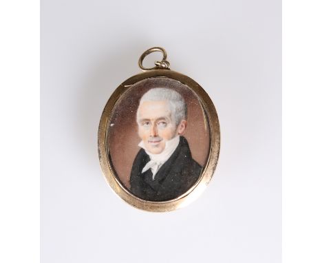 ENGLISH SCHOOL, c. 1820, A PORTRAIT MINIATURE OF A GENTLEMAN IN A WHITE STOCK, oval, in a yellow metal frame with pendant loo