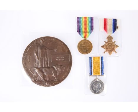 A WWI DEATH PLAQUE, 1914 TRIO AND BAR, Cpl. W. Dummer, 1st R. Fus.
