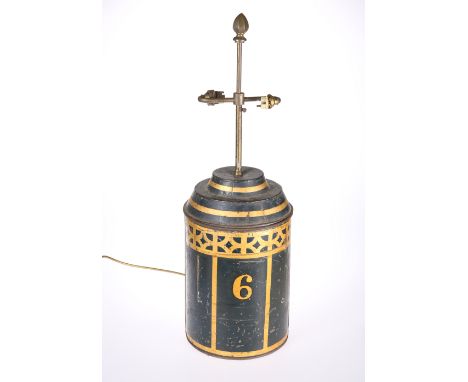 A 19th CENTURY TOLEWARE CANISTER, MOUNTED AS A TABLE LAMP, of cylindrical form, painted with a number "6" beneath a trelliswo