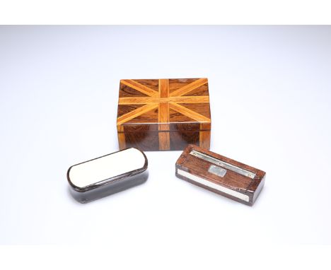 THREE 19TH CENTURY BOXES, comprising rosewood rectangular snuff box with plated mounts, horn snuff box with ivory-inset lid a