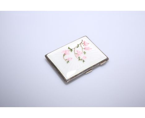 A SILVER AND ENAMEL LADY'S CIGARETTE CASE, TURNER &amp; SIMPSON, BIRMINGHAM 1954, of rectangular form, the cover enamelled wi