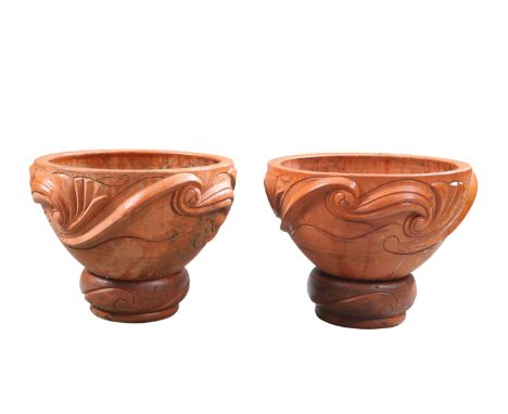 A PAIR OF HAND MADE TERRACOTTA "CELTIC" BULB BOWLS BY WEST MEON POTTERY, AFTER THE DESIGN BY MARY SETON WATTS,&nbsp;each with