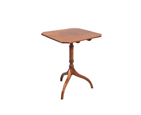 A GEORGE III MAHOGANY TILT-TOP TRIPOD TABLE, the top with cut-off corners, raised on a tapering stem continuing to downswept 