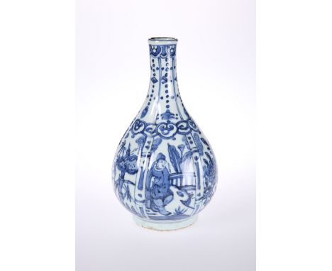 A CHINESE BLUE AND WHITE PORCELAIN LOBED FLASK VASE, painted with alternating panels of figures and flowers, unmarked. 27.5cm