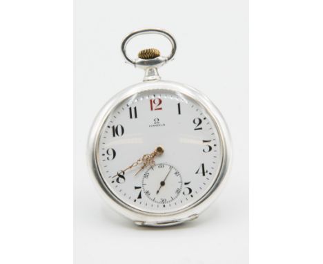 AN 0.800 GRADE SILVER OMEGA POCKET WATCH. Circular white dial signed Omega with arabic index, sub seconds dial at 6 o'clock p