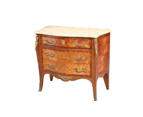 A LOUIS XV STYLE MARBLE-TOPPED FLORAL MARQUETRY COMMODE, the moulded top above three drawers with applied acanthus cast handl