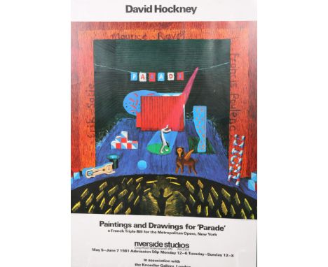 AFTER DAVID HOCKNEY (BORN 1937), "THE SET FOR PARADE, 1980",&nbsp;poster for Riverside Studios, framed. Image 88cm by 67.5cm