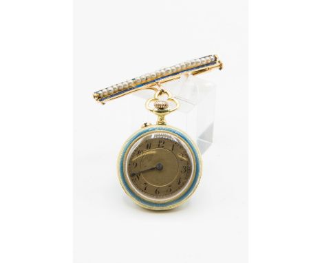 A GILT METAL, SEED PEARL AND ENAMEL LECOULTRE PENDANT WATCH. Circular gilt dial with arabic index and blued steel hands, blue