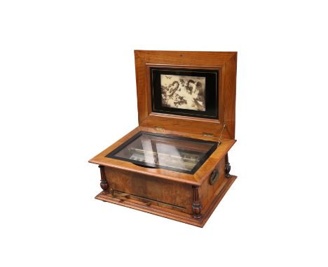 A WALNUT CASED SYMPHONION DISC MUSIC BOX, with two 4 1/2-inch combs, one numbered 77848, the cover decorated with birds and i
