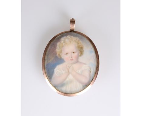 ENGLISH SCHOOL, 19th CENTURY, A PORTRAIT MINIATURE OF YOUNG GIRL WITH BLONDE HAIR, oval, in a yellow metal frame with suspens